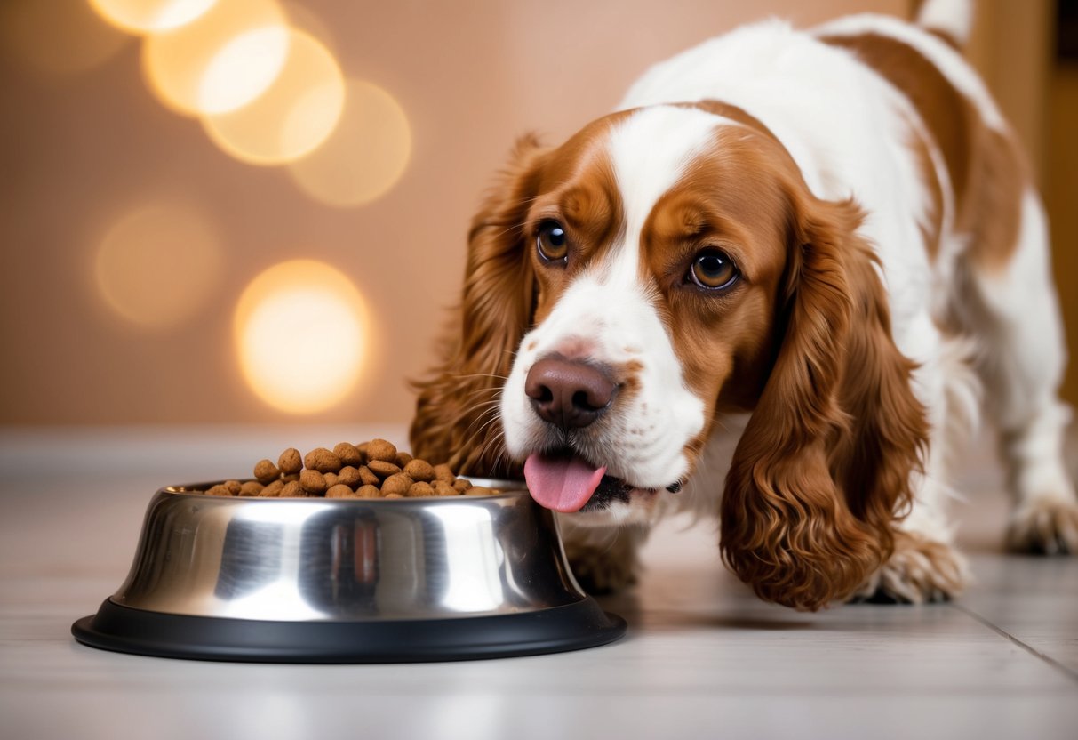 A cocker spaniel eagerly stares at a full food bowl, wagging its tail and licking its lips. Its eyes are wide and pleading, conveying an insatiable hunger