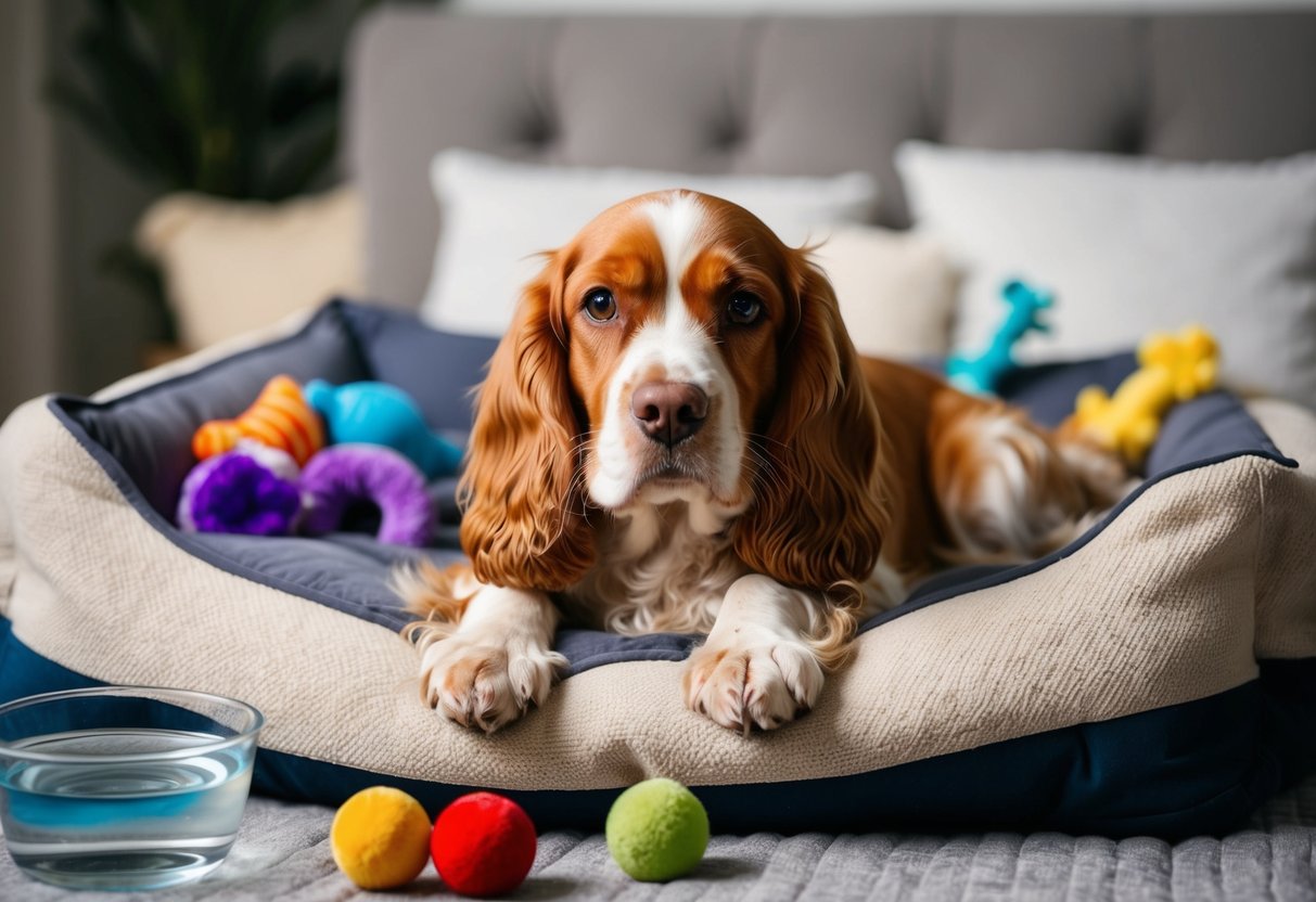 A female Cocker Spaniel lying calmly on a cozy bed, surrounded by toys and a water bowl, with a serene expression on her face