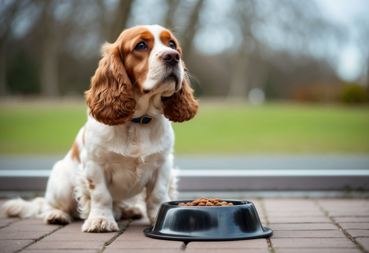 A cocker spaniel eagerly waits by its food bowl, wagging its tail and looking up with pleading eyes
