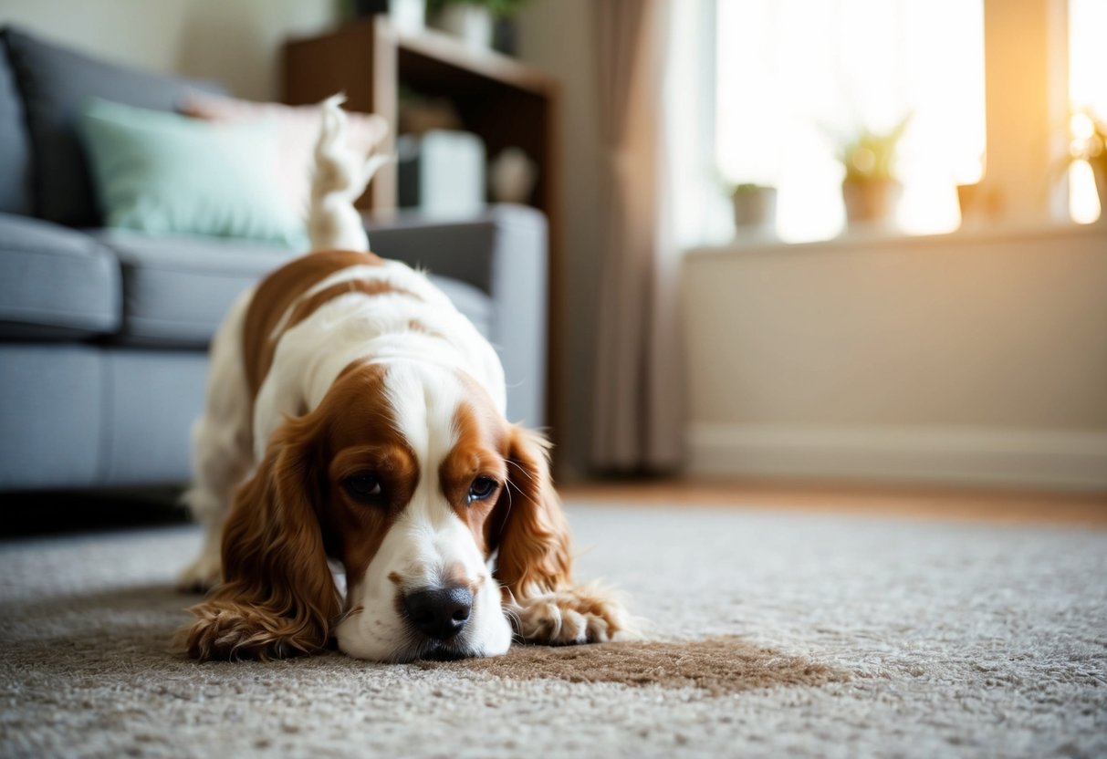 A cocker spaniel peeing on a living room carpet