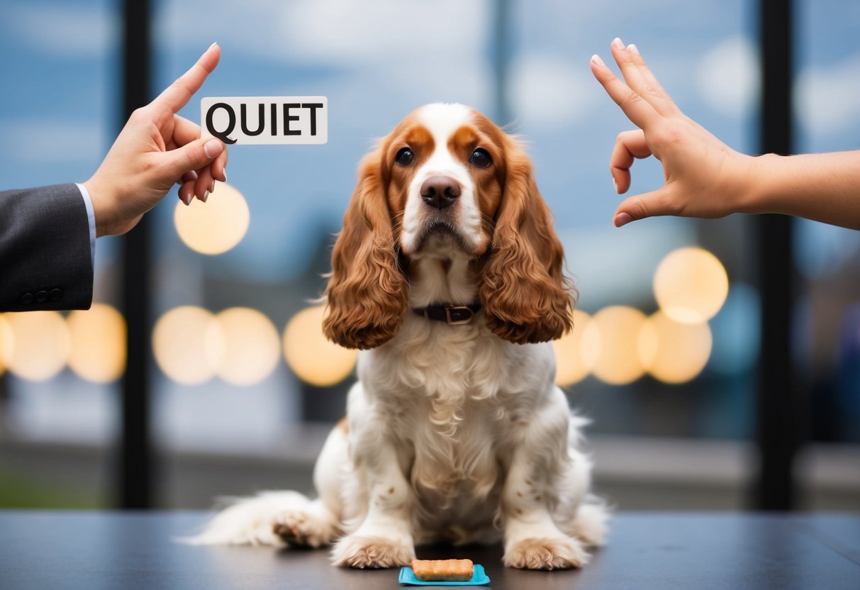A cocker spaniel sitting quietly with a treat in front of it, while a person holds up a "quiet" hand signal
