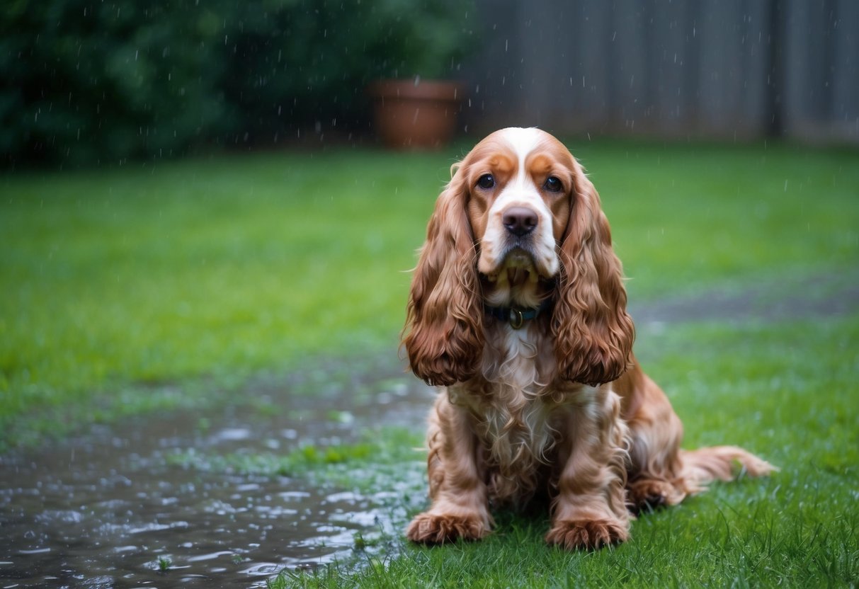 An English Cocker Spaniel looking forlorn as it sits alone in a rain-soaked backyard, its long ears drooping and muddy paws