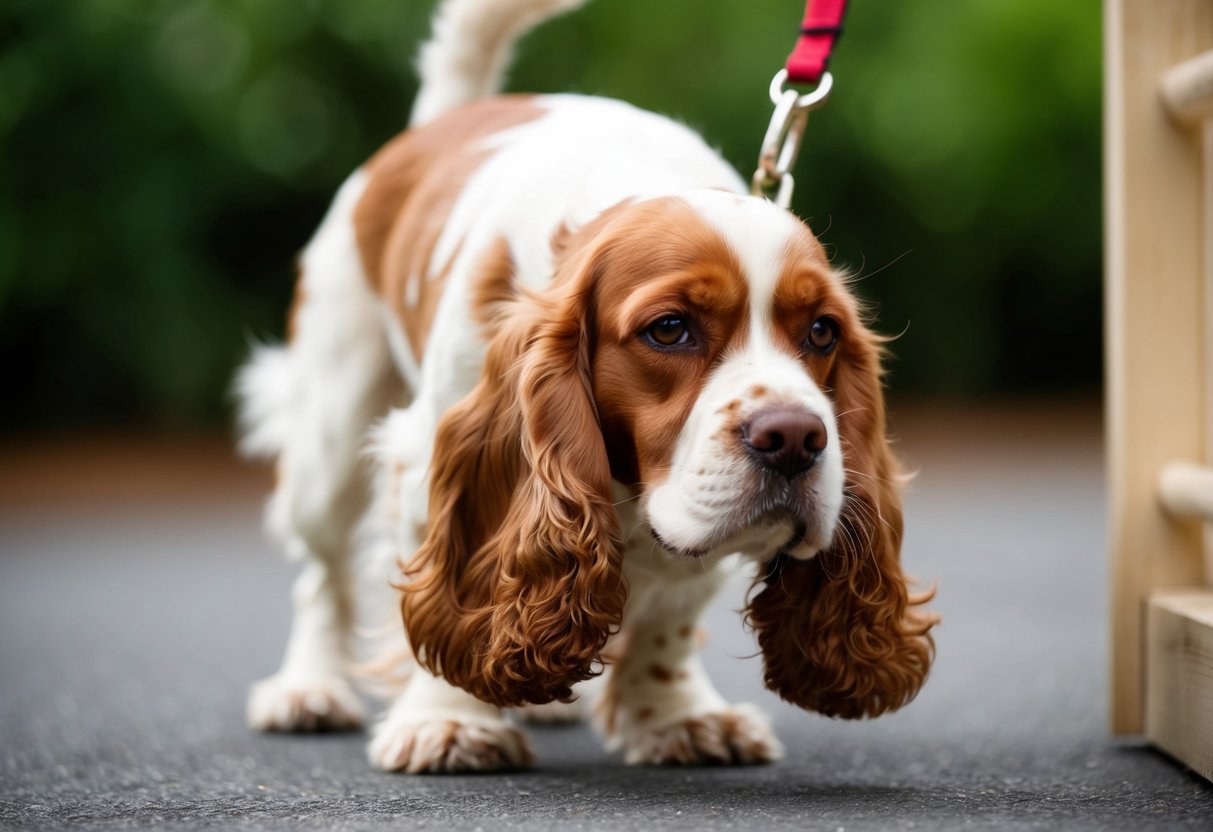 An English Cocker Spaniel cowers in fear during training, displaying the downside of their timid and sensitive nature