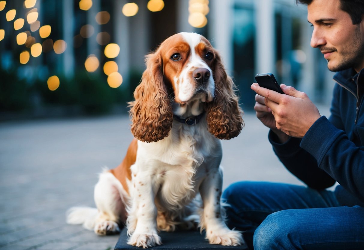 A cocker spaniel sitting quietly next to its owner, attentively listening to commands with a focused expression
