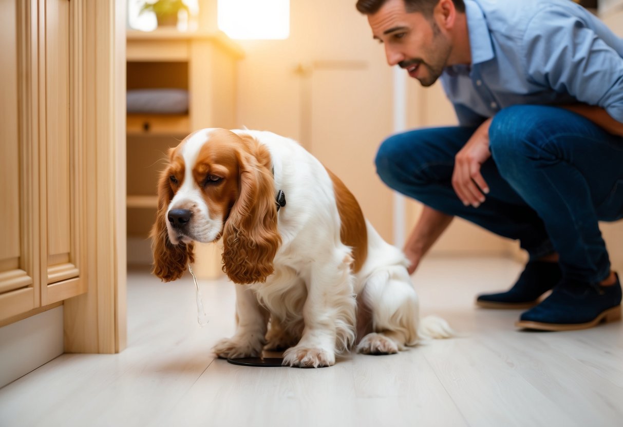 A Cocker Spaniel urinating indoors, while a frustrated owner looks on