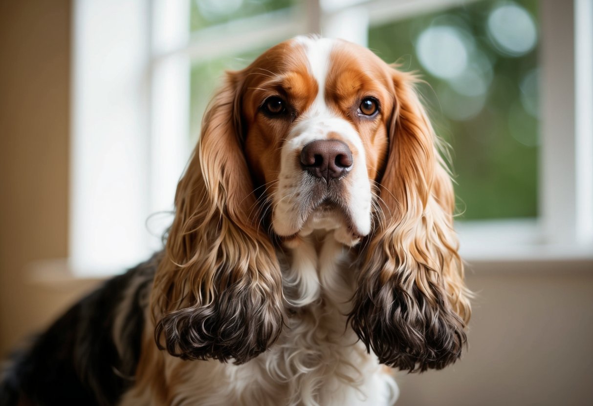 An English Cocker Spaniel looking forlorn as its long, silky coat is tangled and matted, needing frequent grooming and care
