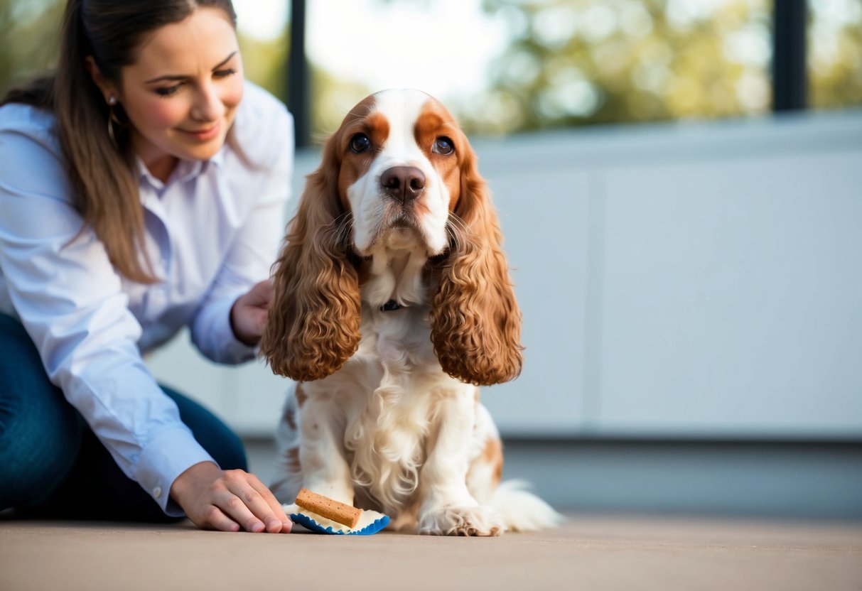 A cocker spaniel sitting quietly with a treat in front of it, while a person uses positive reinforcement techniques to train it not to bark