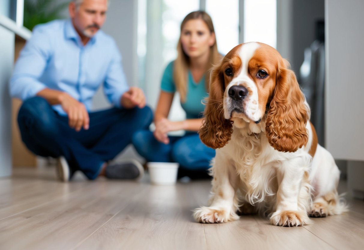 A frustrated cocker spaniel peeing indoors, while a concerned owner looks on