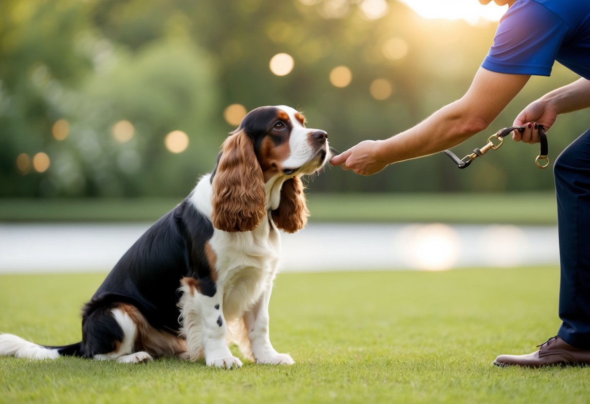 A cocker spaniel sits quietly while a professional dog trainer demonstrates techniques to discourage barking