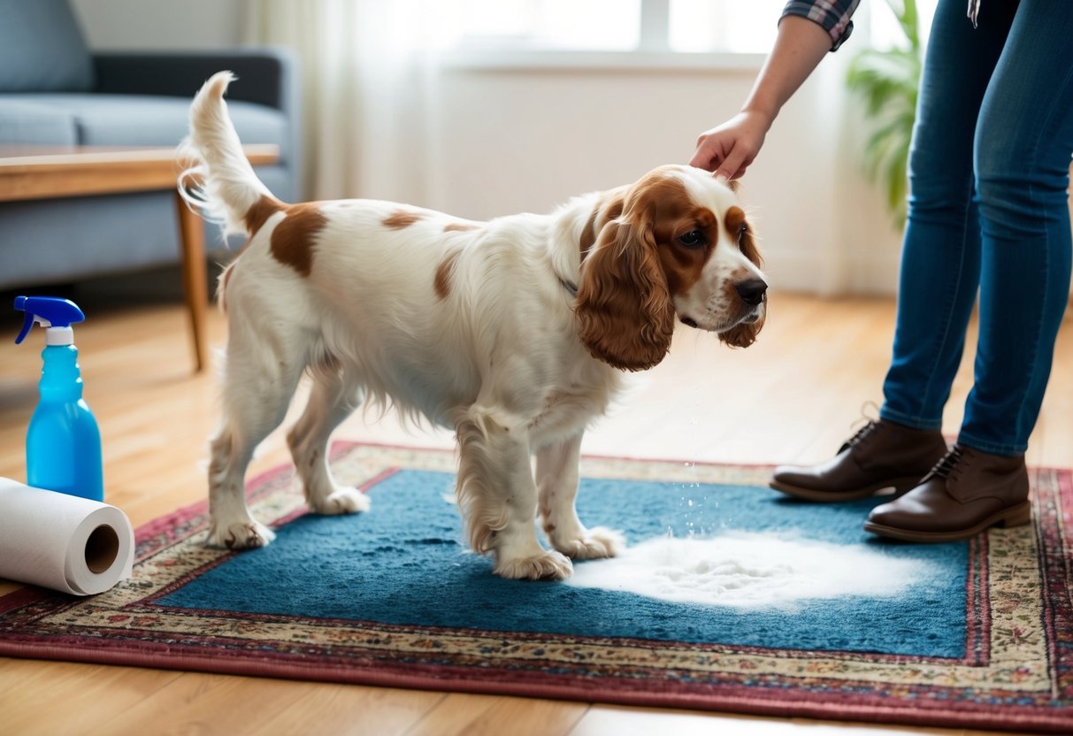 A cocker spaniel peeing on a rug while the owner cleans up the mess with paper towels and a spray bottle nearby