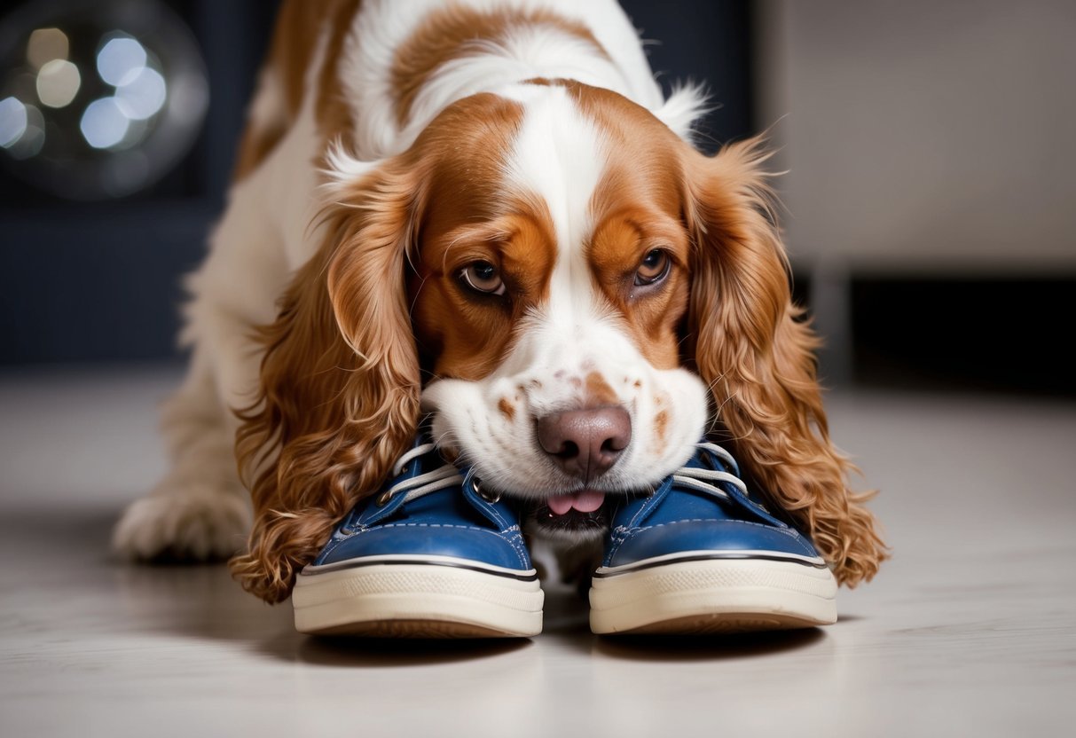 An English Cocker Spaniel chewing on a pair of shoes, with a guilty expression on its face
