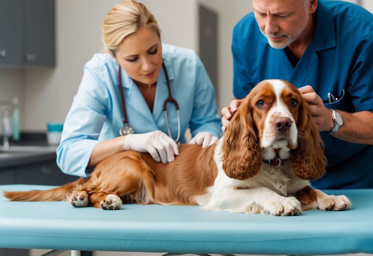 A cocker spaniel lying on a vet's examination table, with a concerned owner looking on as the vet checks the dog's ears and eyes