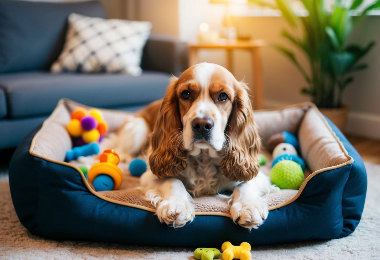 A 13-year-old Cocker Spaniel lounges on a cozy dog bed, surrounded by toys and treats. The graying muzzle and clouded eyes hint at the dog's advanced age
