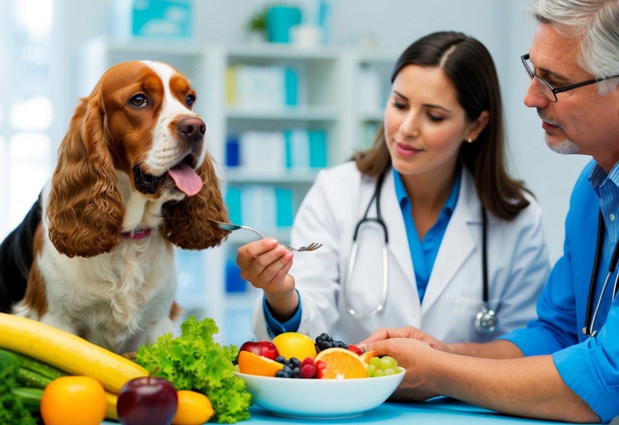 A Cocker Spaniel eating a balanced diet with a bowl of fresh fruits and vegetables, while a veterinarian discusses common illnesses with the owner