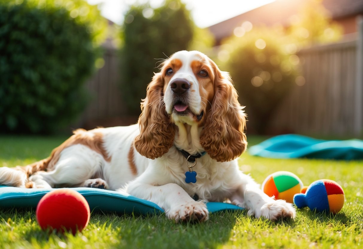 A 13-year-old cocker spaniel lounging in a sunlit backyard, surrounded by toys and enjoying a gentle breeze