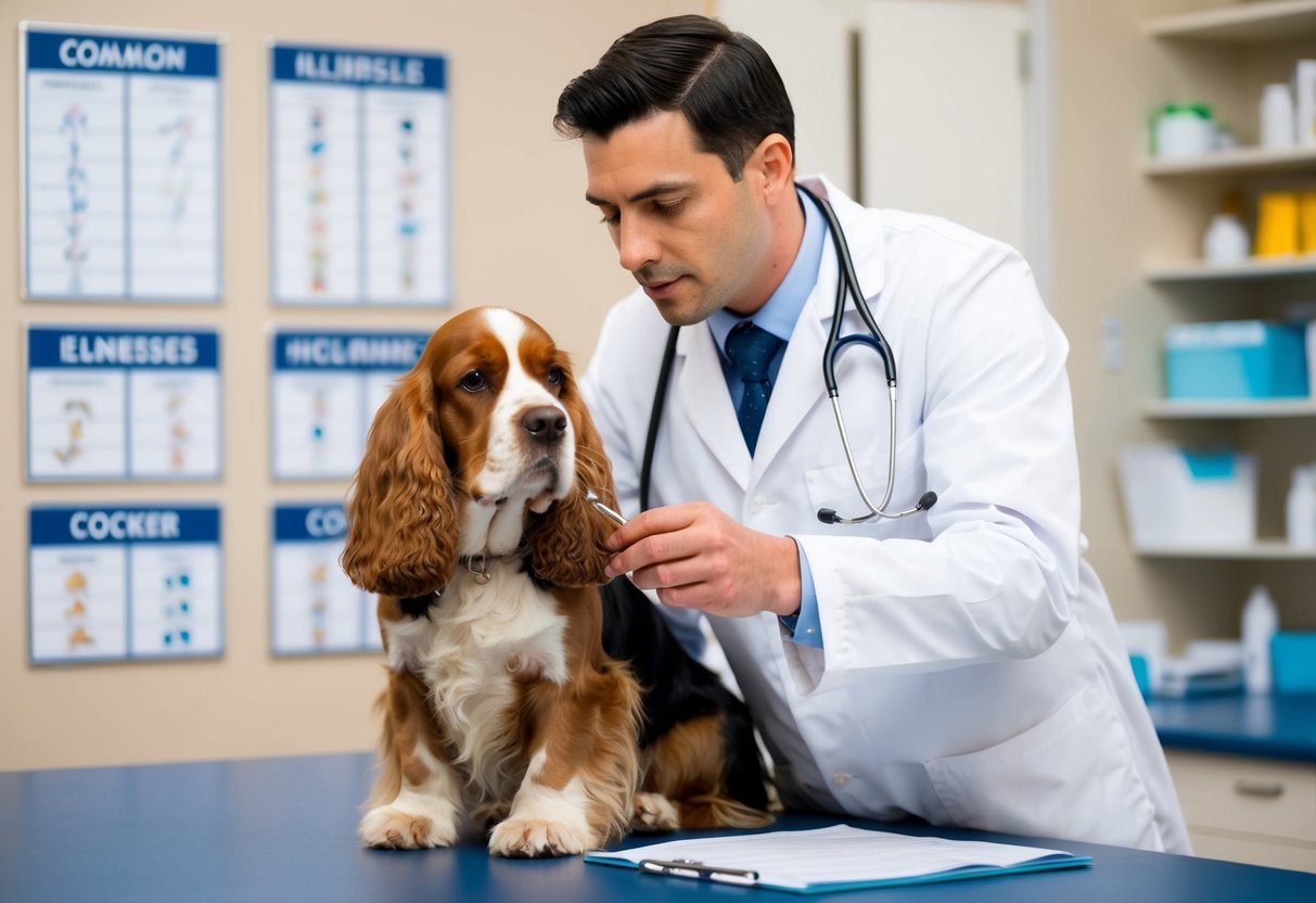 A veterinarian conducting a check-up on a cocker spaniel, surrounded by charts detailing common illnesses for the breed