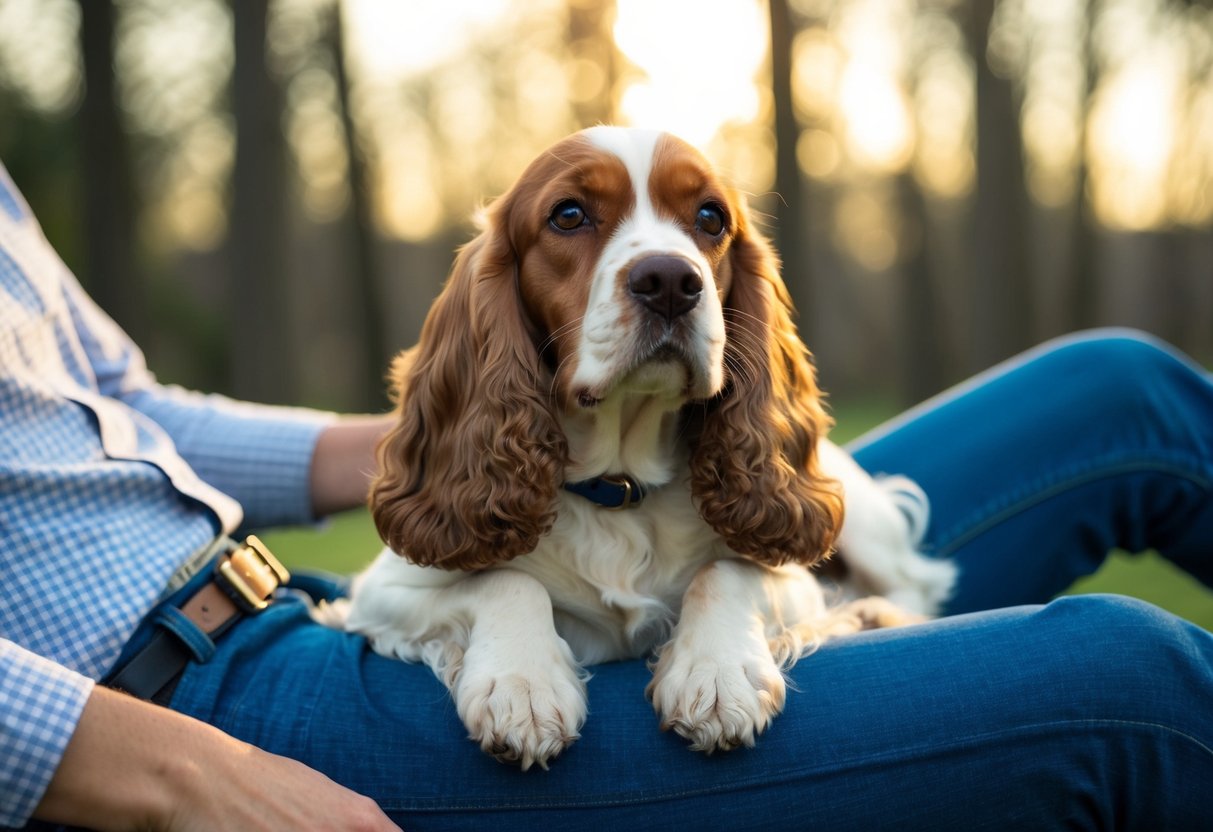 A cocker spaniel sits comfortably on a person's lap, looking content and relaxed