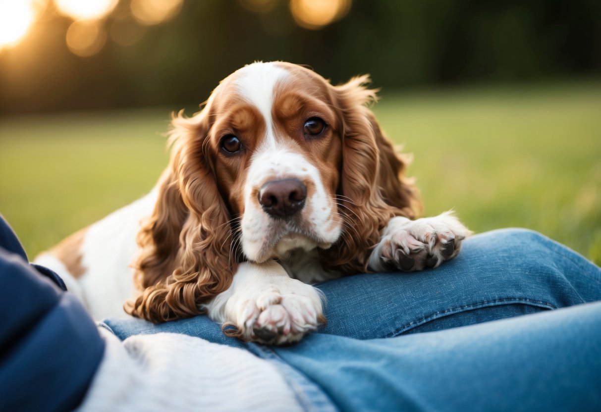 A Cocker Spaniel snuggles on a person's lap, looking up with adoring eyes