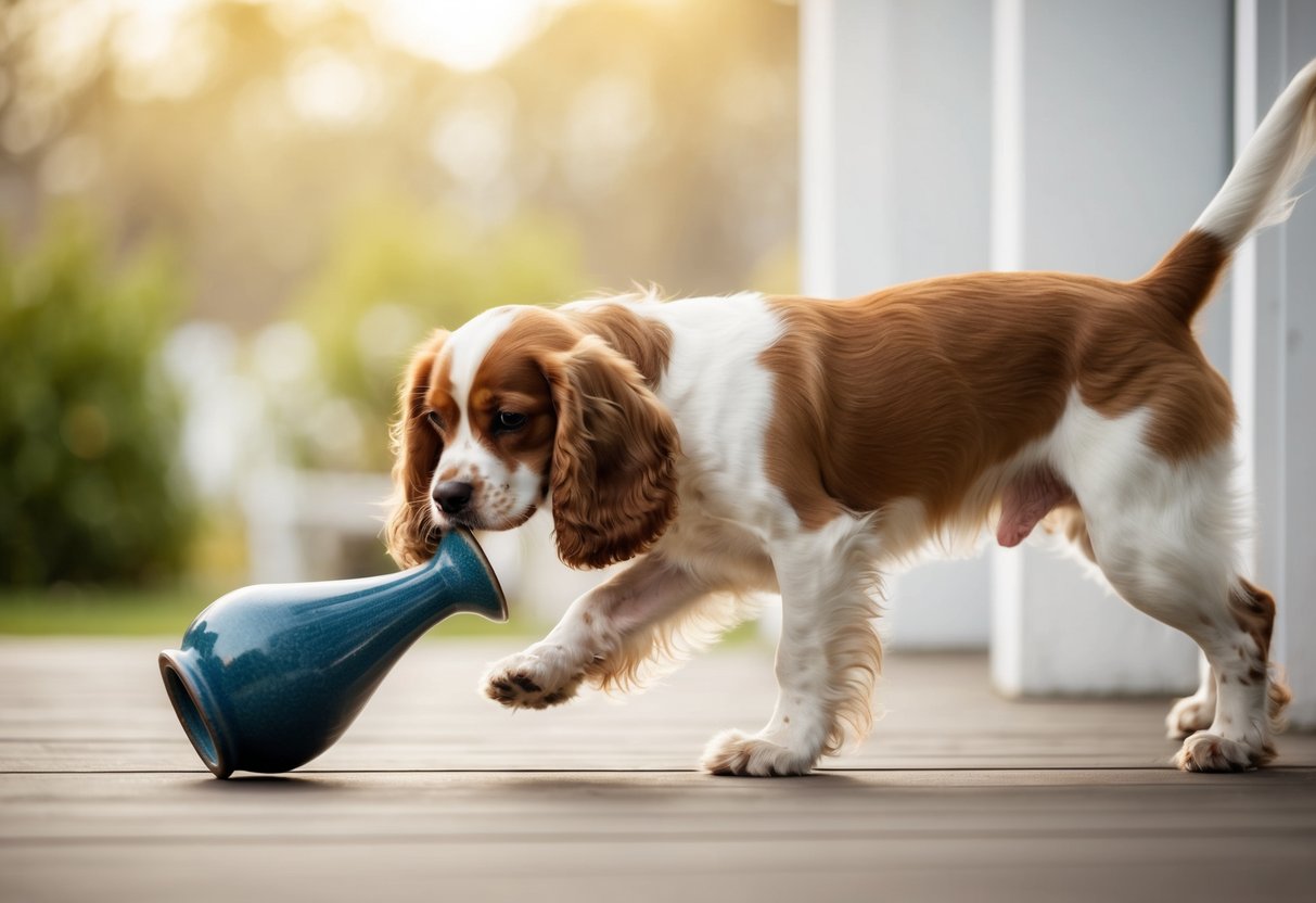 A cocker spaniel knocking over a vase while wagging its tail