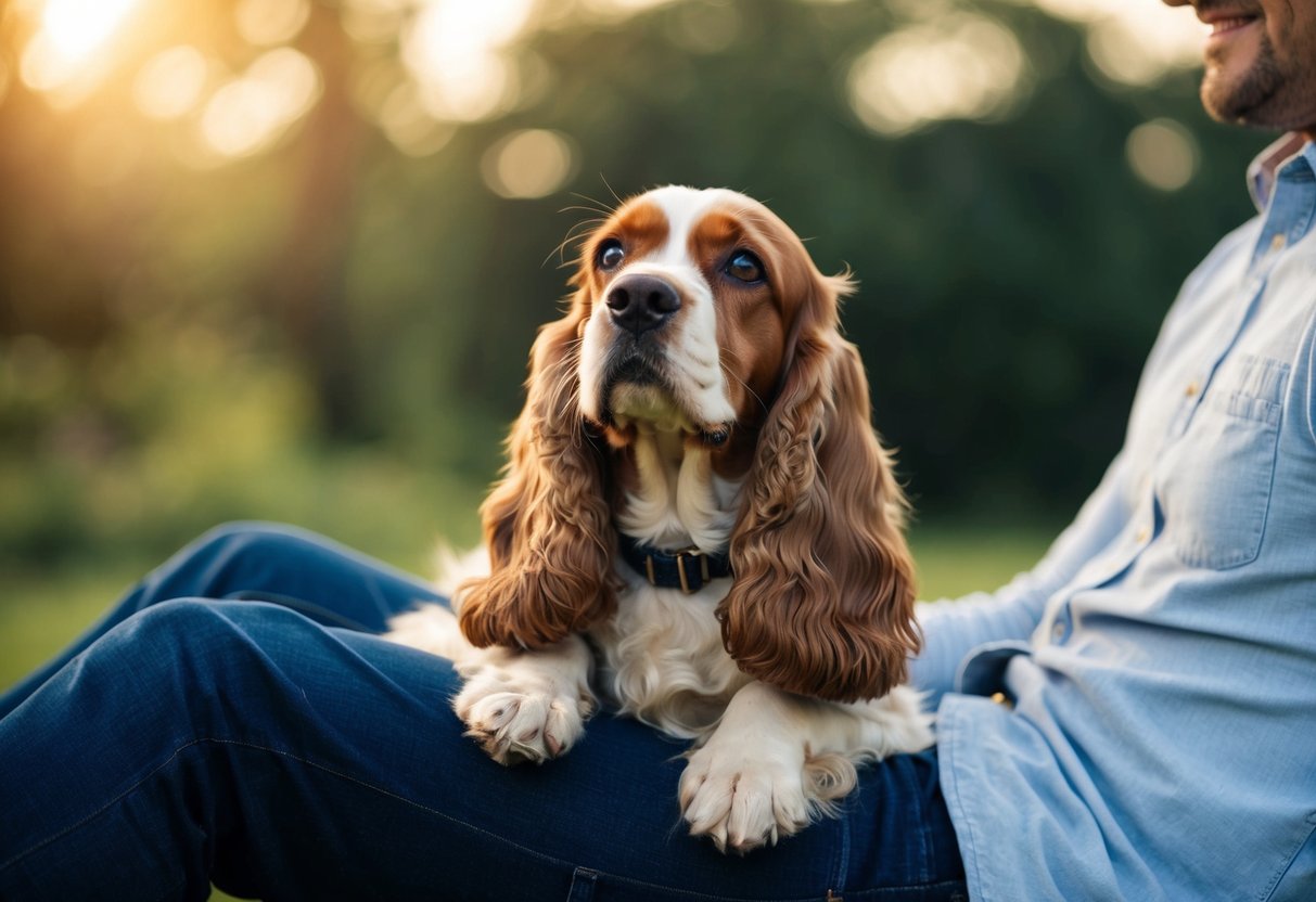 A cocker spaniel sits on a person's lap, looking up with a content expression
