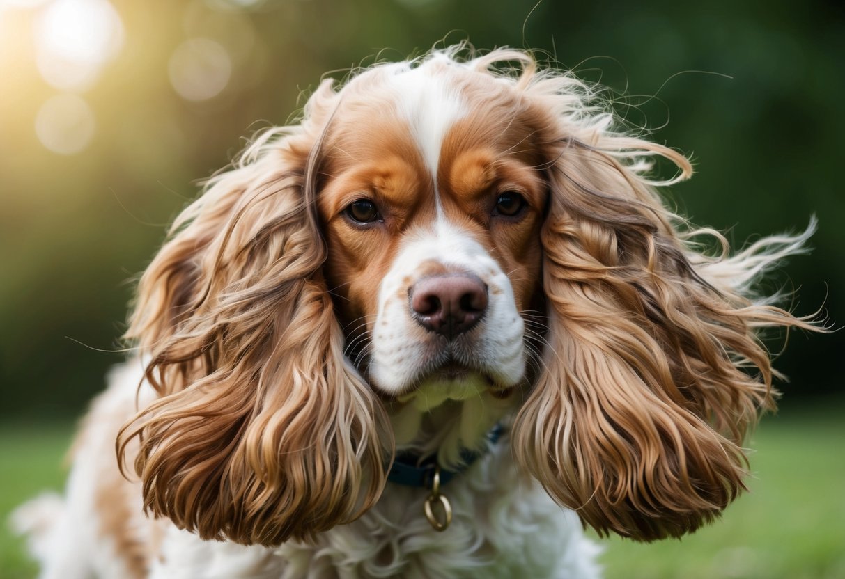 A cocker spaniel tangled in its own long, curly fur, struggling to see through overgrown bangs and matted ears