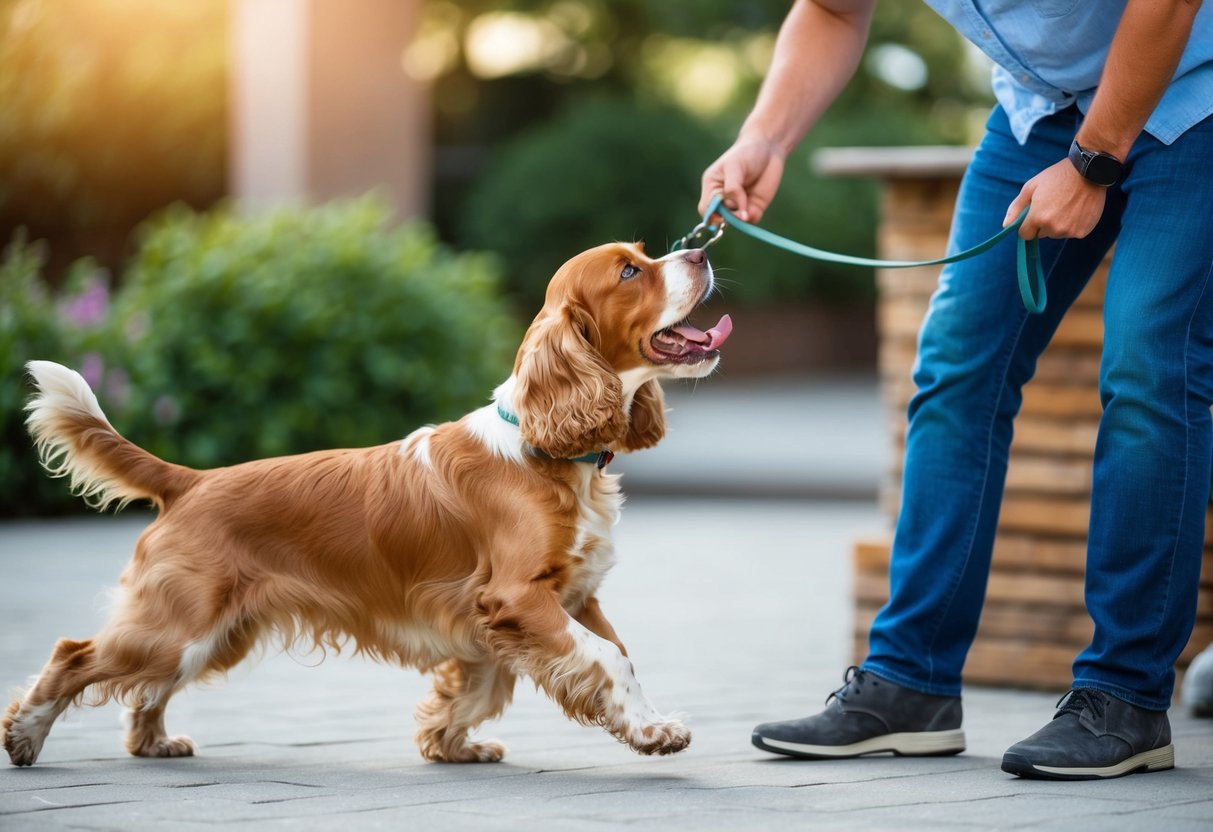 A cocker spaniel barking and jumping at a visitor, while the owner struggles to control the excited dog on a leash