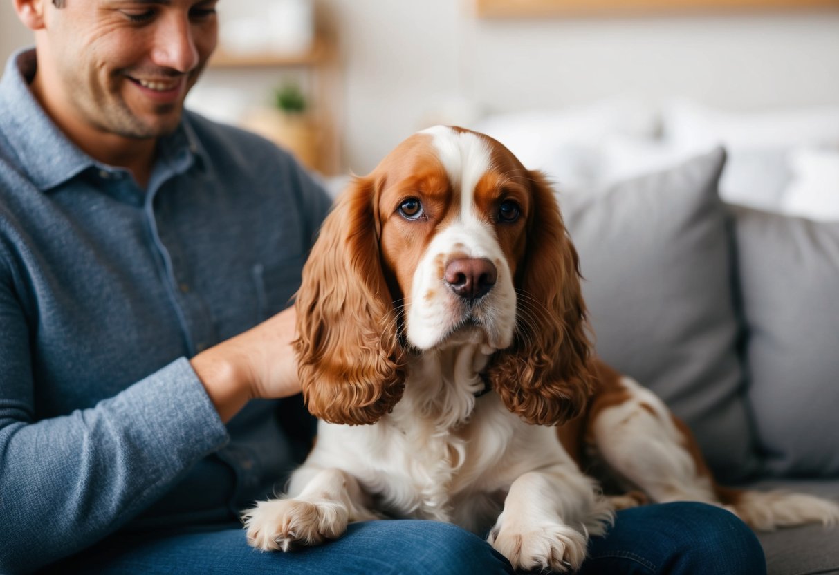 A Cocker Spaniel sitting on a cozy lap, being petted and cuddled by its owner