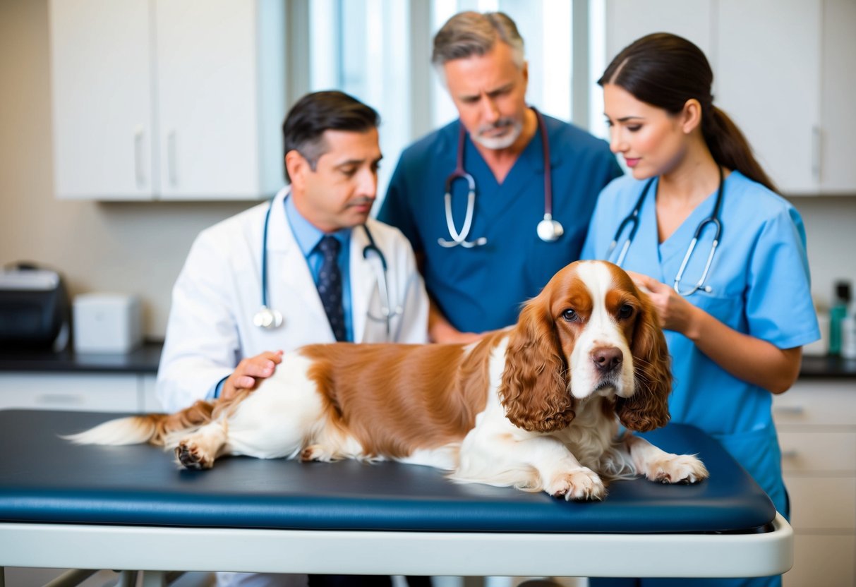 A cocker spaniel lying on a vet examination table, with a concerned owner and a veterinarian discussing health issues