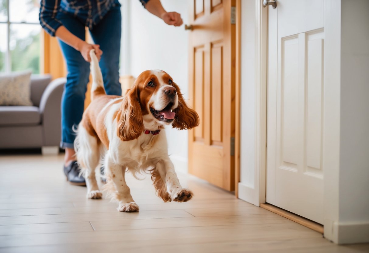 A cocker spaniel barking and jumping at the door as its owner tries to leave, showing signs of separation anxiety
