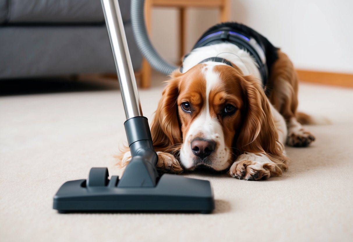 A cocker spaniel cowers away from a vacuum cleaner, ears flat and tail tucked between its legs