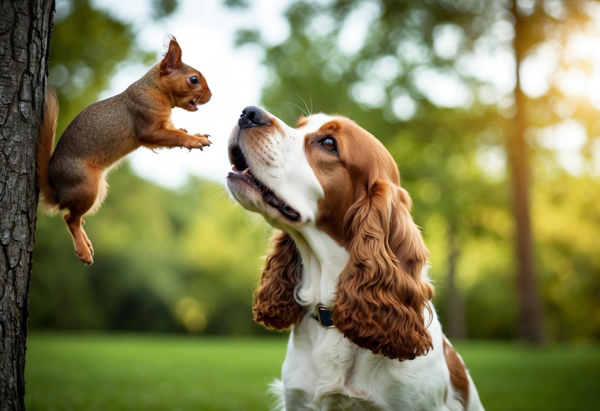 A cocker spaniel barking at a squirrel in a tree