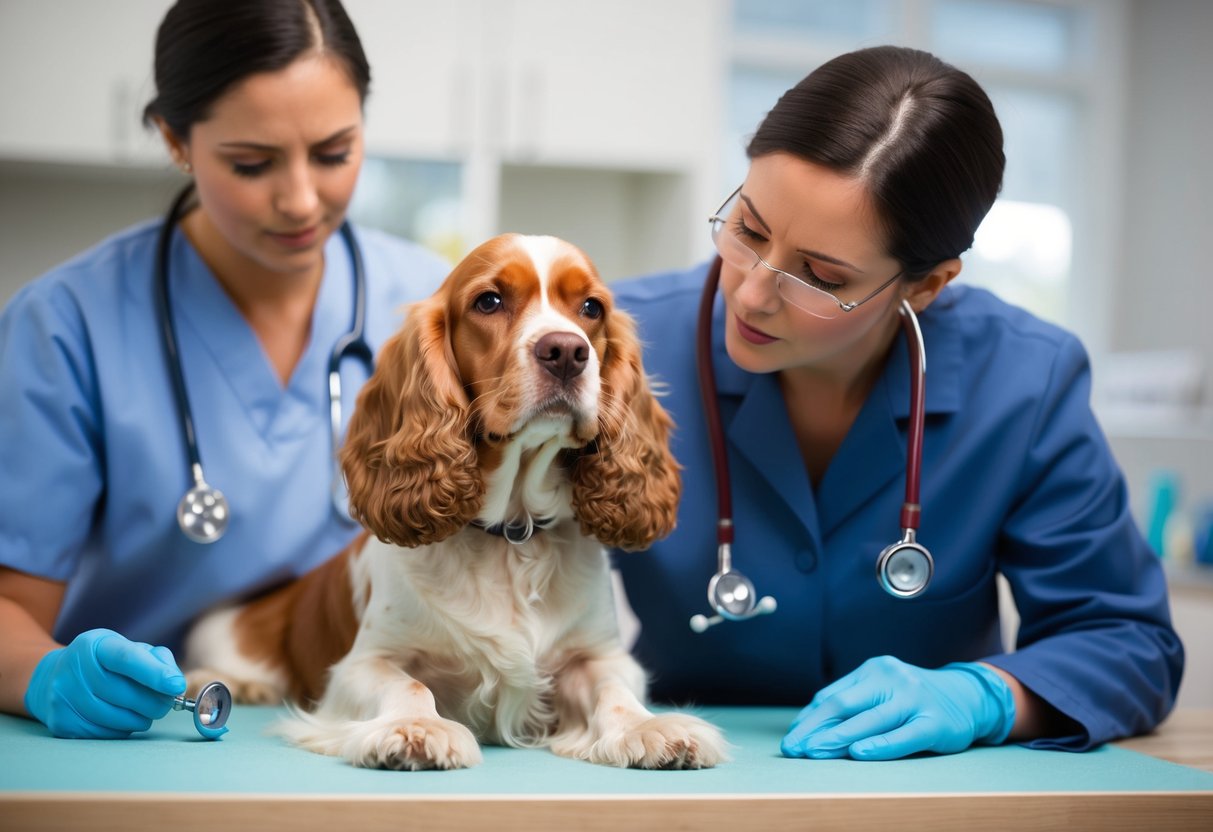 A cocker spaniel recoils from a looming stethoscope, ears flattened and tail tucked, as a vet attempts to administer a mental health evaluation