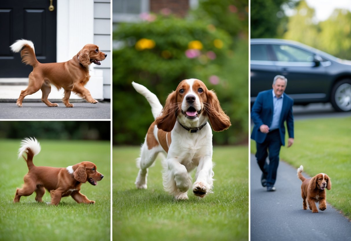 A cocker spaniel barking at various triggers: a squirrel, a passing car, and a stranger approaching the house
