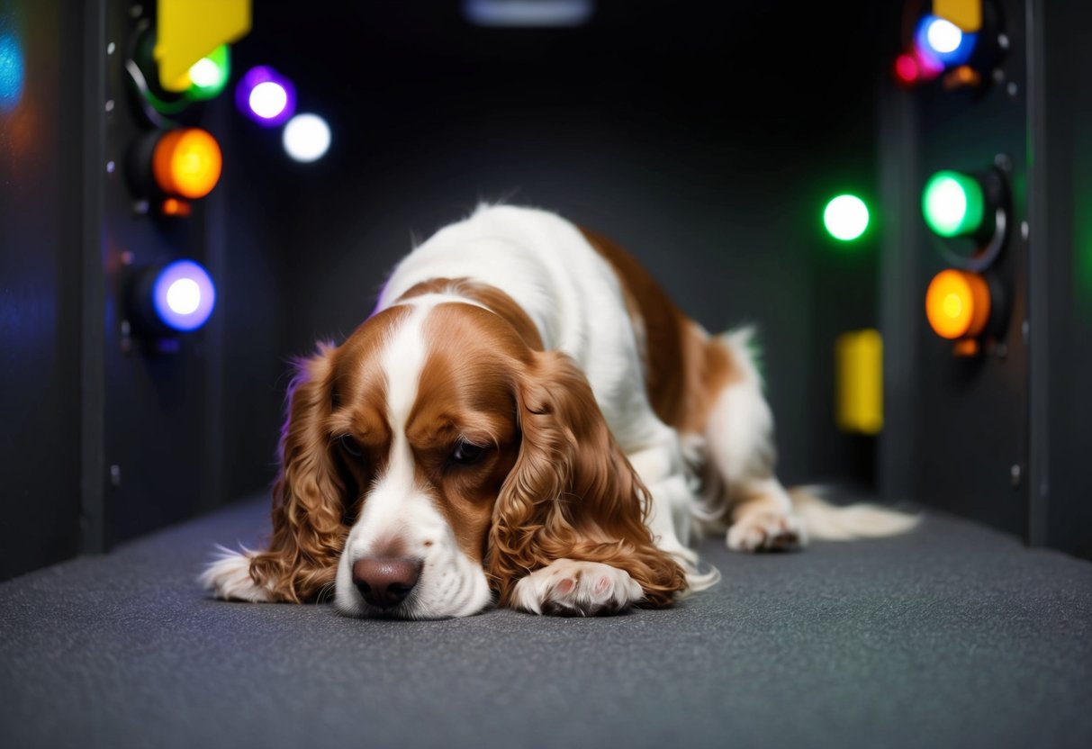 A cocker spaniel cowers in a cramped, noisy space with bright, flashing lights and unfamiliar scents