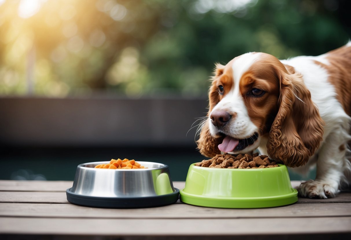 A cocker spaniel eagerly devours a bowl of wet food beside a untouched bowl of dry food