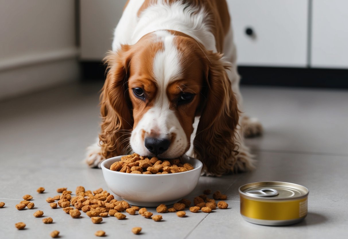 A Cocker Spaniel eagerly eats from a bowl of dry kibble, with a few pieces scattered around the floor. A half-empty can of wet food sits nearby
