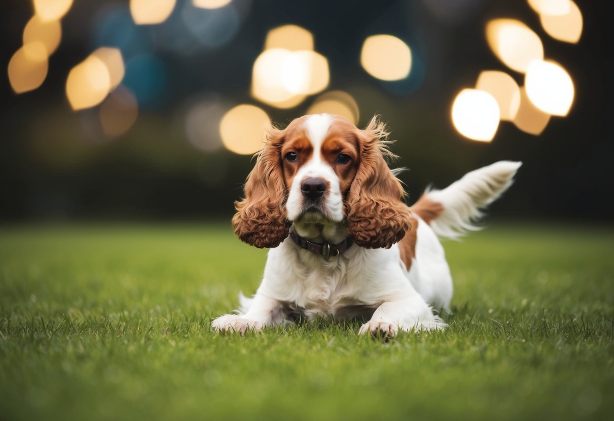 A Cocker Spaniel cowering away from a loud noise, with its ears flattened and tail tucked between its legs
