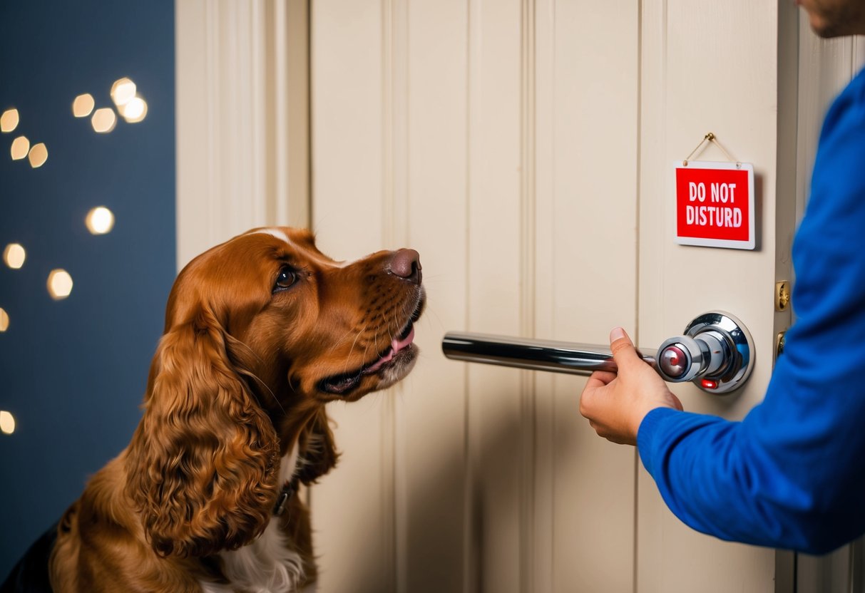 A cocker spaniel barking at a closed door, while a person places a "Do Not Disturb" sign on the knob
