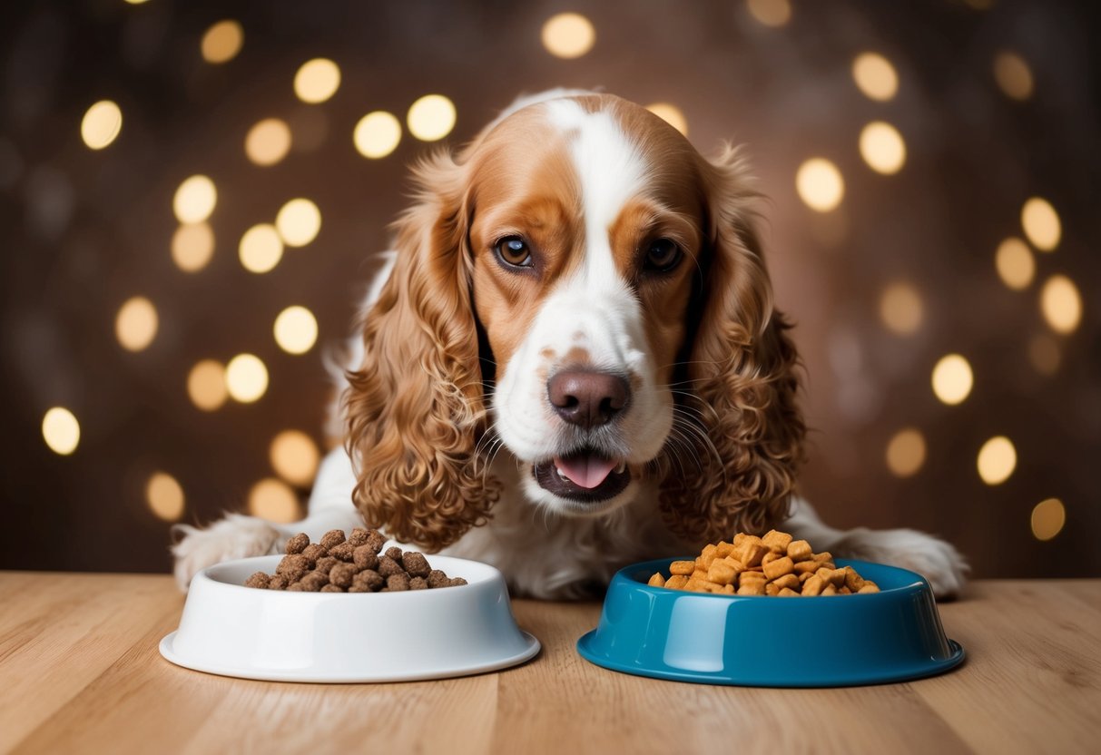 A cocker spaniel eagerly eats from a bowl of dry and wet food, showcasing their preference for both types of nourishment