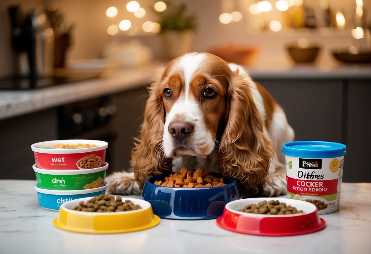 A Cocker Spaniel eagerly sniffs at a bowl of both wet and dry dog food, surrounded by various food packaging and dishes