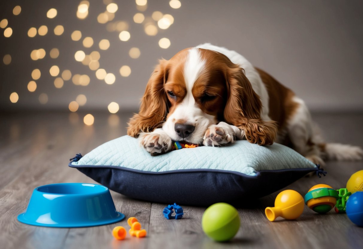 A mischievous cocker spaniel ignores commands while chewing on a torn-up pillow, surrounded by scattered toys and a toppled water bowl