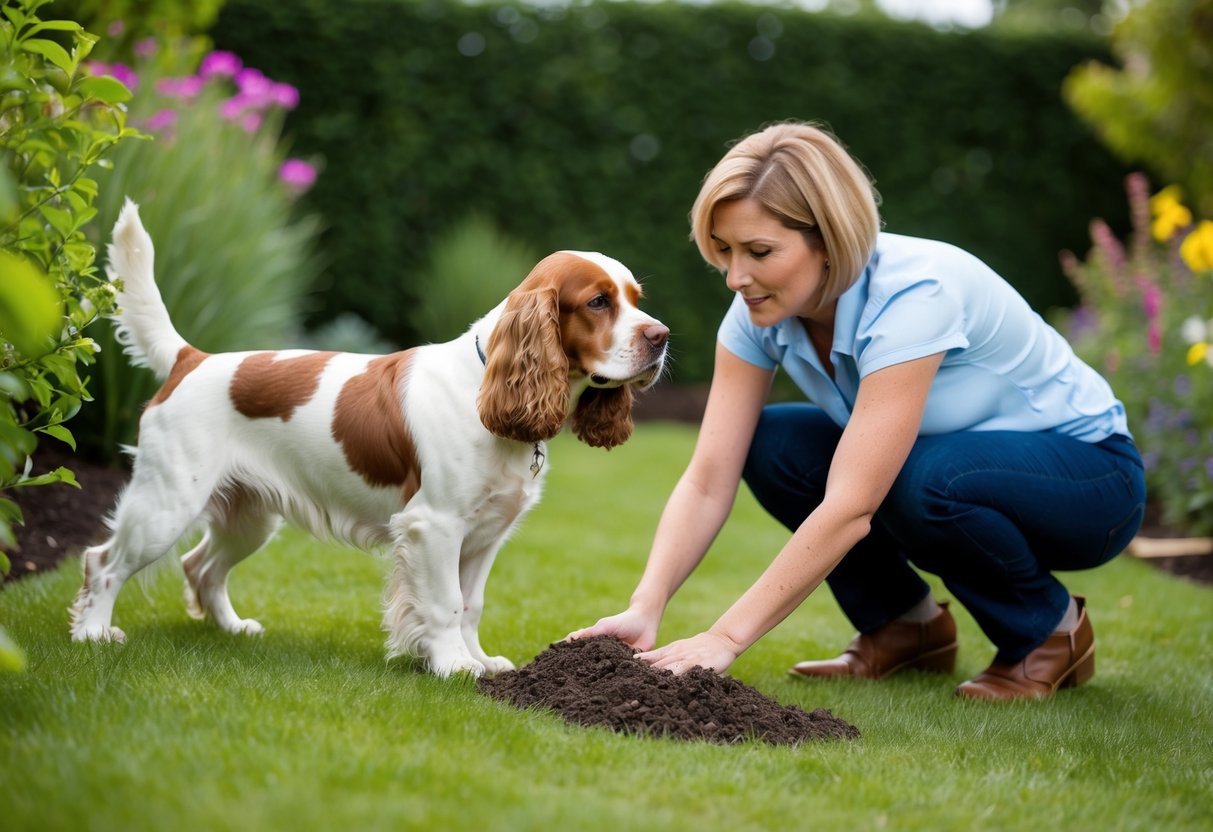 A cocker spaniel digs in a garden, with a frustrated owner redirecting the behavior towards a designated digging area