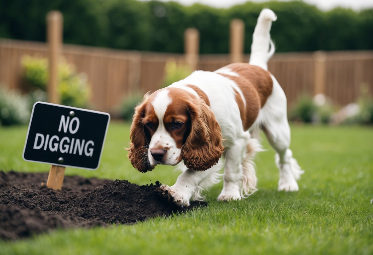 A cocker spaniel digging in a garden with a fence and a sign reading "No Digging" nearby