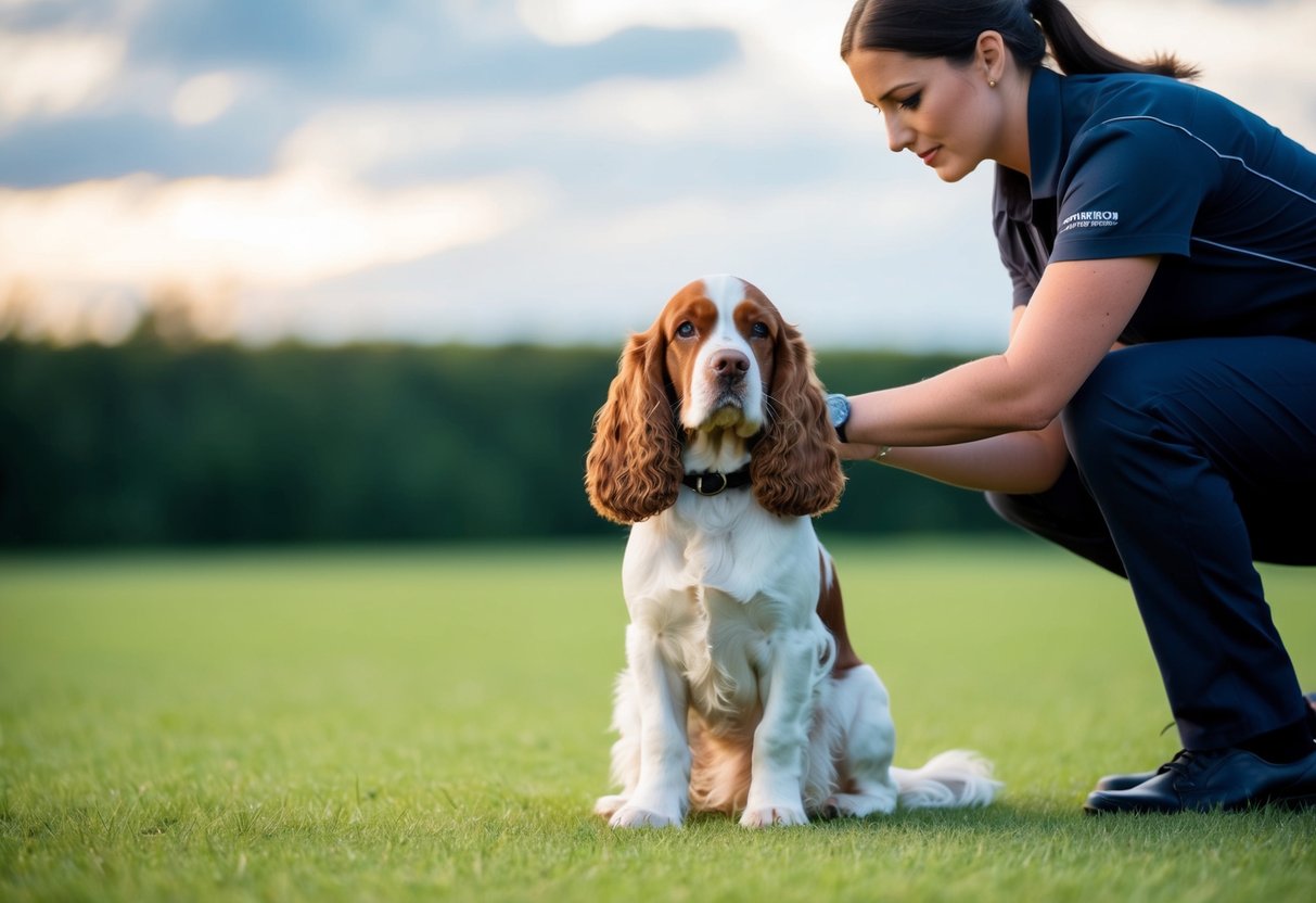 A cocker spaniel sits attentively, ears perked, as a trainer demonstrates effective techniques