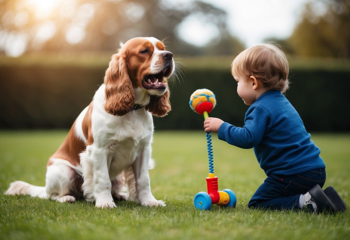 A cocker spaniel growls, showing teeth, as a child approaches with a toy