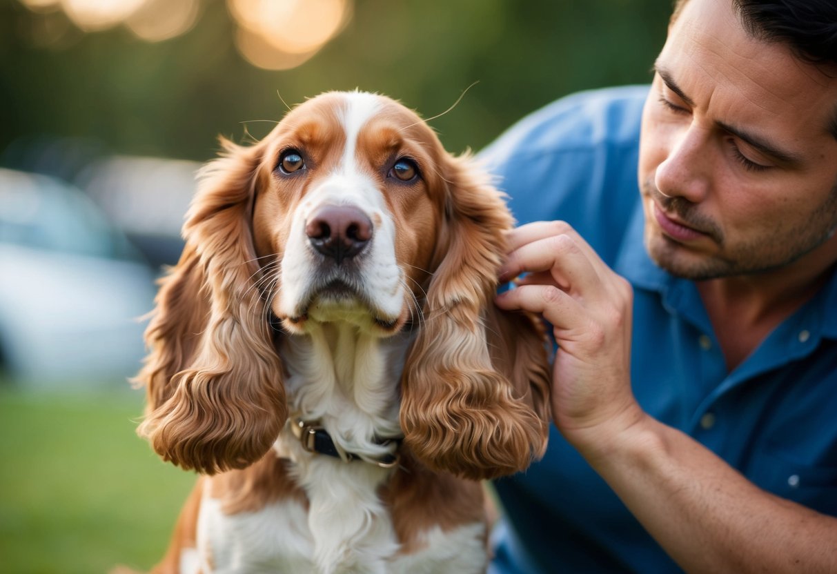 A cocker spaniel shakes its head, ears flopping, while a concerned owner sniffs at the dog's ear