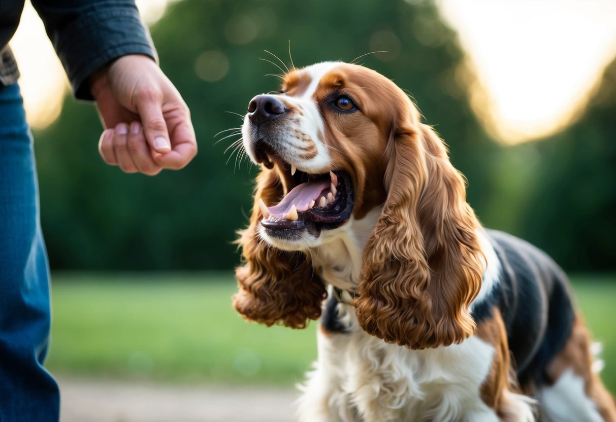 A cocker spaniel with raised hackles and bared teeth, growling at a person or another animal
