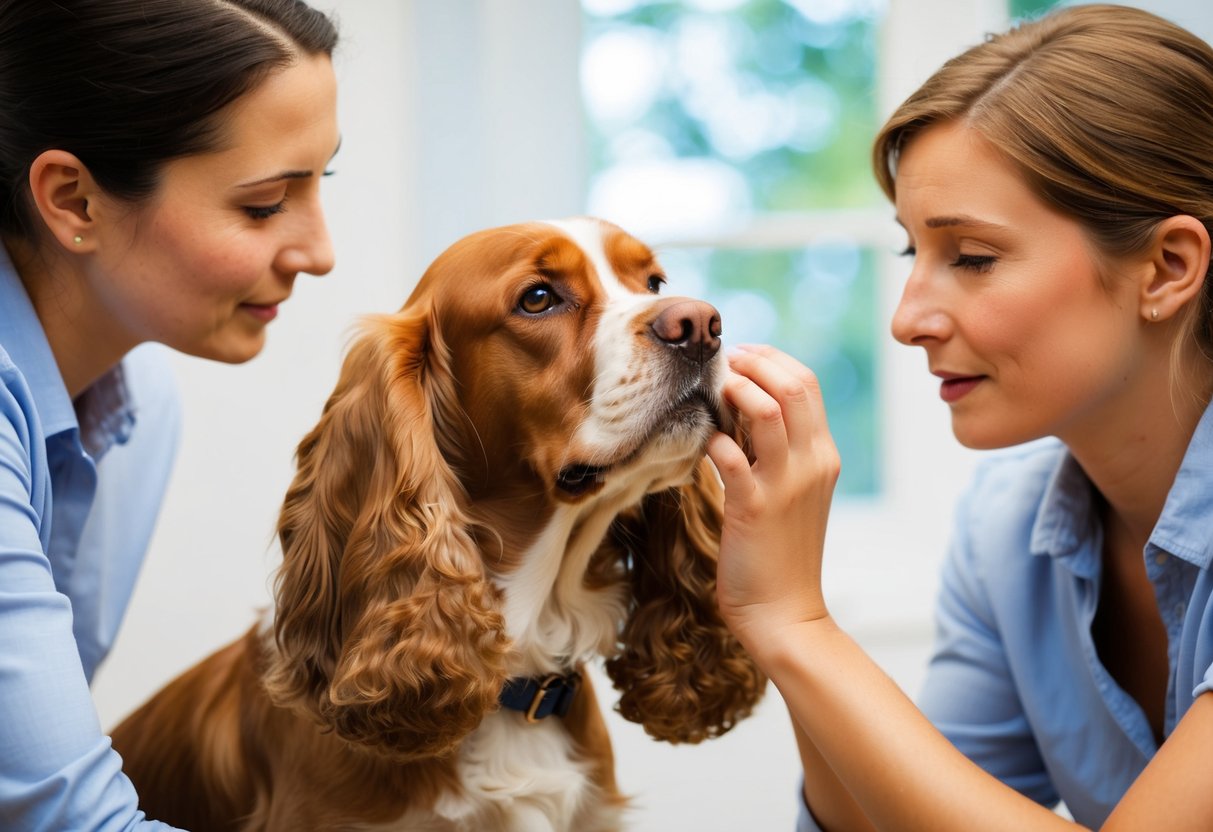 A Cocker Spaniel with floppy ears sniffs at a foul-smelling ear, while a concerned owner looks on