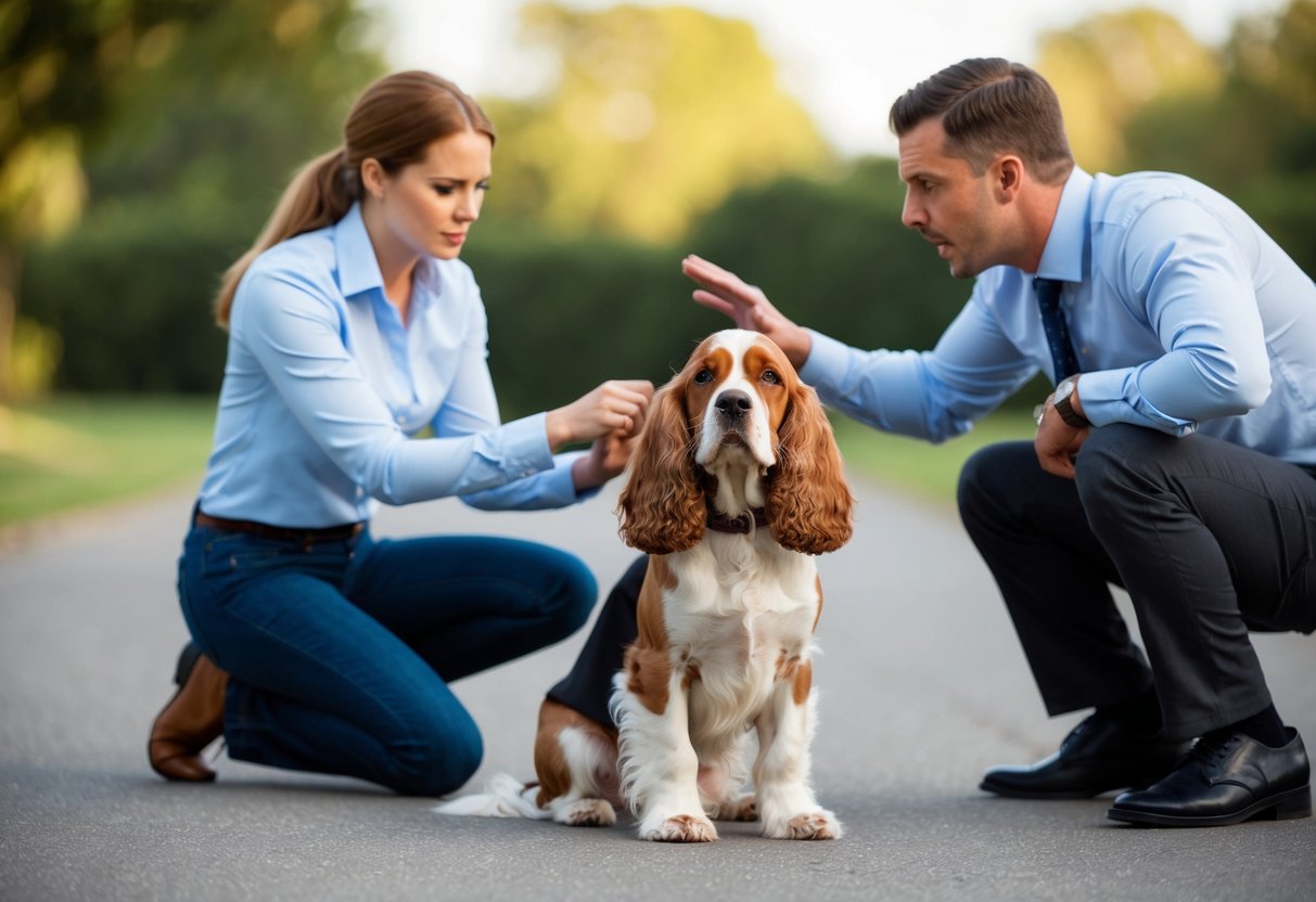 A Cocker Spaniel sits stubbornly, ignoring commands, while a frustrated owner tries to train it