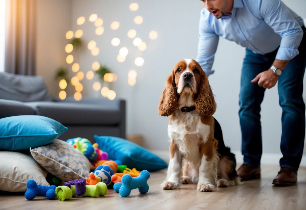 A frustrated owner watches as a cocker spaniel ignores commands, while a pile of chewed-up toys and torn pillows lies in the background